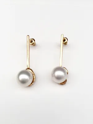 White South Pearl on Gold Bar Post Earrings