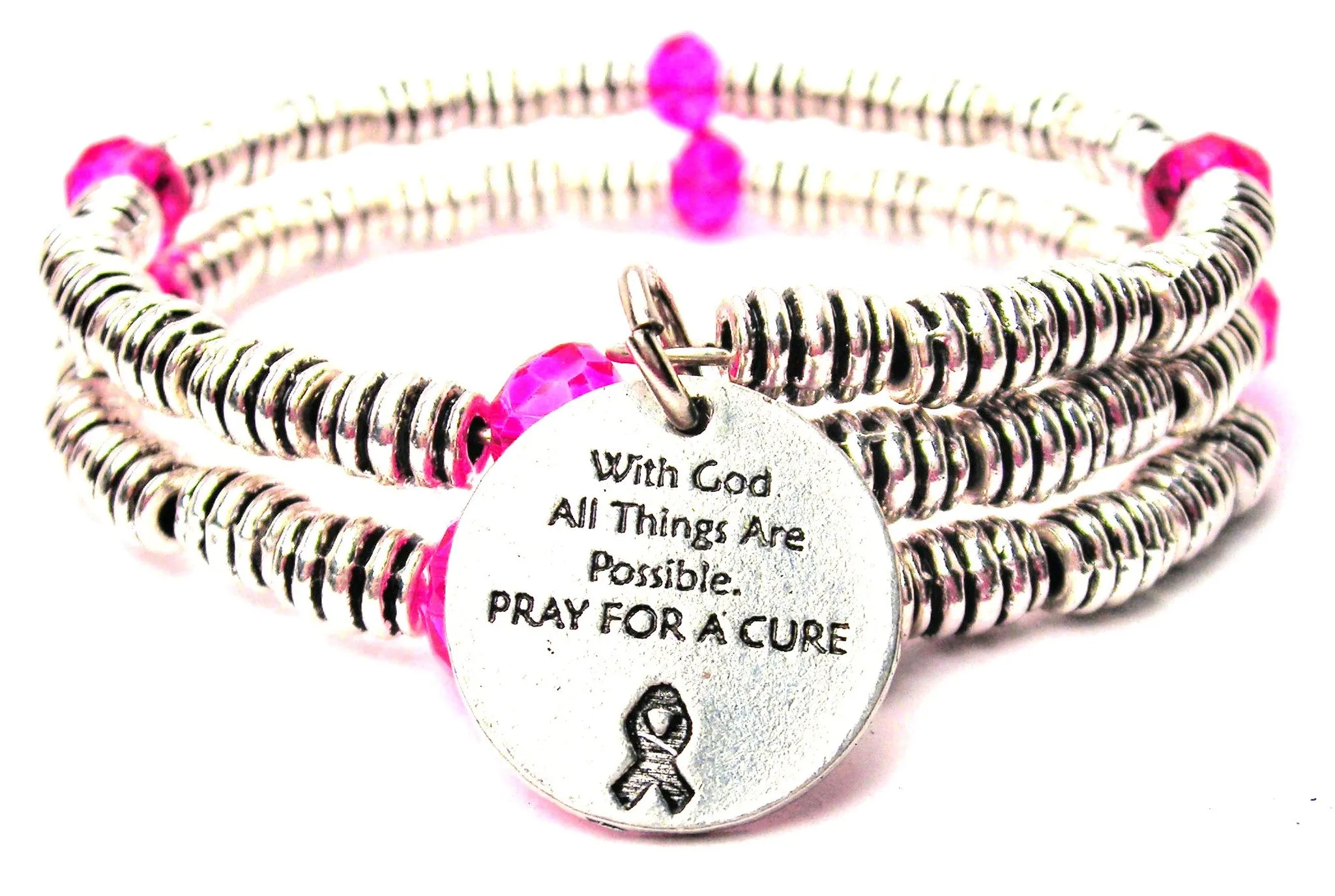 With God All Things Are Possible. Pray For A Cure Curly Coil Wrap Style Bangle Bracelet