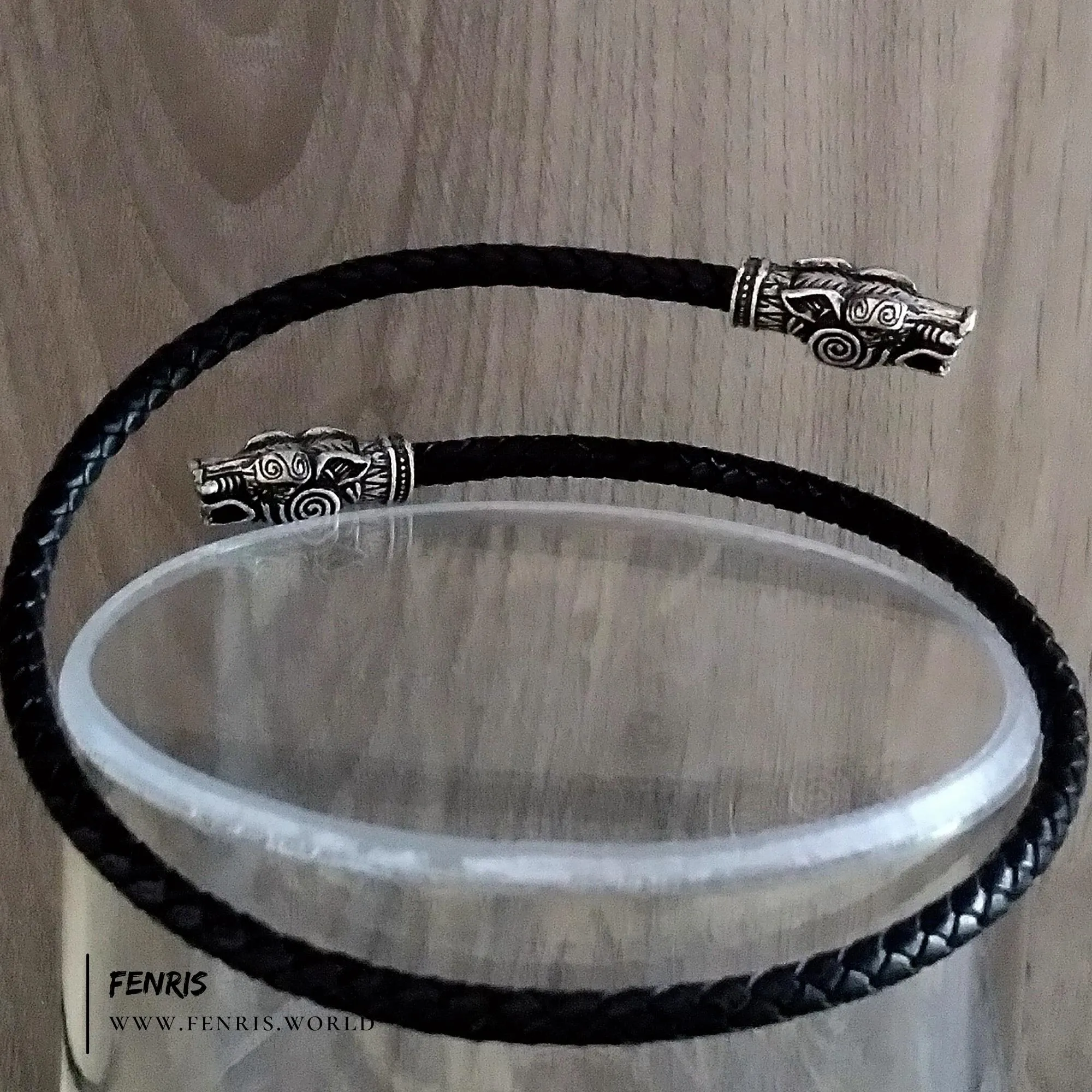 Wolf Arm Ring Torc Bracelet Silver Black Leather